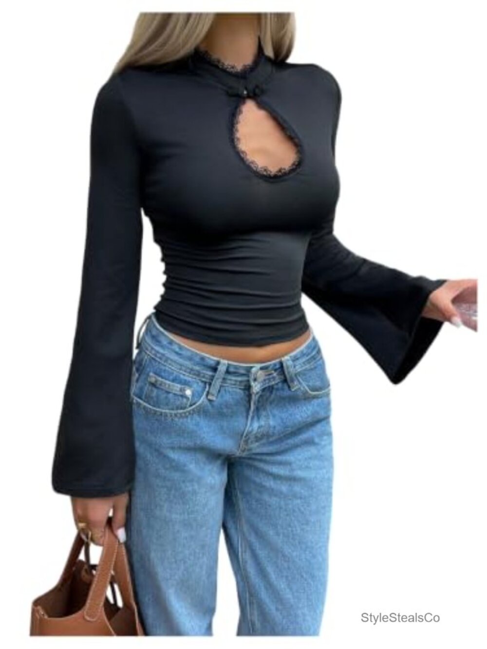 MakeMeChic Lace Mandarin Collar Cut Out Bell Sleeve Y2k Top